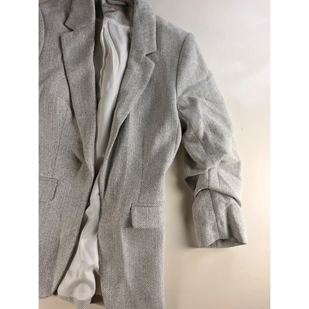 H&M Blazer Women Size 4 Grey Herringbone Modern Ruched Sleeve Professional